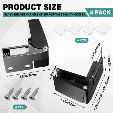 Bulk Pack 8 Frameless Glass Door Hinges With Screws Black No Drill 90 Degree Replacement Hinges dimensions and components