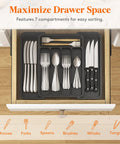 Slick Expandable Silverware Drawer Organizer With Adjustable Dividers For No Sweat Kitchen Storage And Quick Grab Cutlery Access Pretty Darn Spacious Layout Built To Last with 7 compartments holding knives, forks, and spoons.