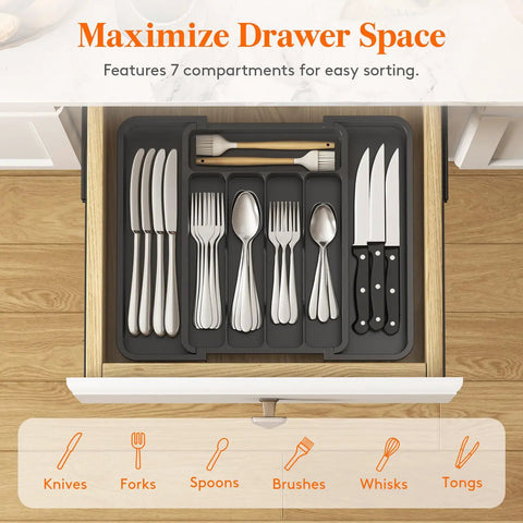 Slick Expandable Silverware Drawer Organizer With Adjustable Dividers For No Sweat Kitchen Storage And Quick Grab Cutlery Access Pretty Darn Spacious Layout Built To Last with 7 compartments holding knives, forks, and spoons.
