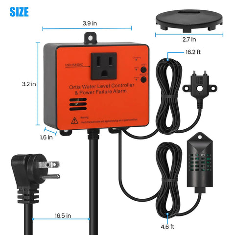 WiFi Power Failure And Water Leak Alarm With Auto Shutoff Real Time Water Level Temperature And Humidity Monitoring components size guide