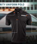 Mens Short Sleeve Security Polo Shirt Black featuring ribbed collar, screen printing, and sunglasses loop for patrol use.