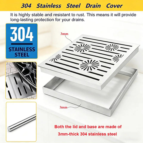 Heavy Duty 304 Stainless Steel Square Drain Grate Built Tough For Outdoor Yard And Driveway Catch Basins Rust Free With Beefy Reinforced Bars For Quick Water Flow Road Ready 24By24 Inch Cover, showing lid and base with 3mm thickness.