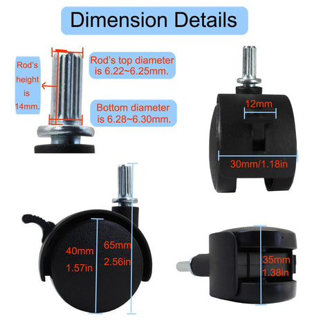 Swivel Caster Wheels Four Pack 1.5 Inch Locking Casters With 6.25 Mm Straight Stem Replacement dimension details