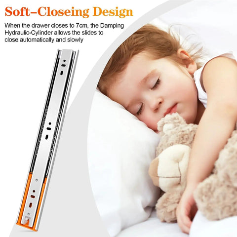 Soft-close feature of Pair Of 3-Section Soft Close Full Extension Ball Bearing Side Mount Drawer Slides 100 LB Capacity 20 Inch