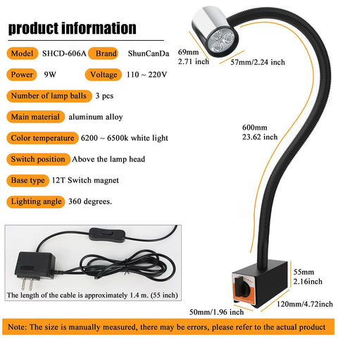 Magnetic Work Light With 23 Inch Flexible Gooseneck And Strong Magnetic Base, IP65 Waterproof LED Machine Lamp For Lathe Milling Drill Press, Industrial Lighting, 120V