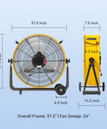 24 Inch Industrial Drum Fan With 8800 CFM High Velocity Air For Garage, Warehouse, And Workshop, dimensions illustration