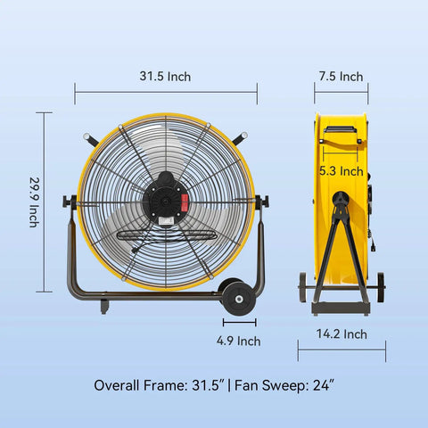 24 Inch Industrial Drum Fan With 8800 CFM High Velocity Air For Garage, Warehouse, And Workshop, dimensions illustration