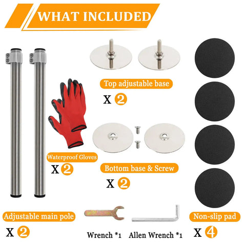 Stainless Steel Adjustable Undermount Sink Brackets Kit with waterproof gloves, bases, poles, non-slip pads, wrench, and screws.