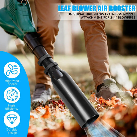 Turbo Leaf Blower Air Booster Kit with cordless high flow nozzle in use clearing leaves on a lawn
