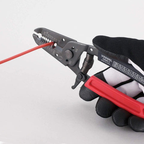 Wire Stripper With Screw Cutter For Electrician Skill Tests, Pro Grade Japanese Tool, Red and Black Grips, Insulation Removal Demonstration