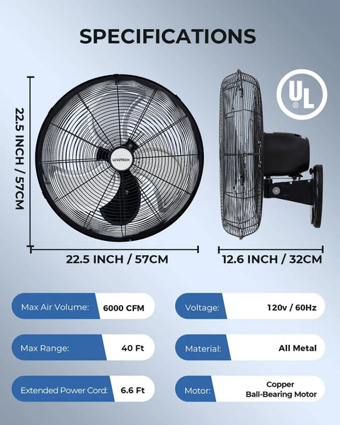 Specifications of the 20 Inch Wall Mount Fan Oscillating with 3 Speed Settings High Velocity Industrial Air Circulator UL Listed