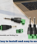 Built Tough Pro Grade One Quarter Inch Ts Mono Male To Two Pin Female Screw Terminal Block Adapter For Speaker Cable And Amplifier Microphone 6.35Mm Nickel Plated Zinc Alloy Plug And Go Kit showing two audio adapters with green screw terminals.