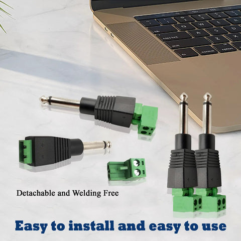 Built Tough Pro Grade One Quarter Inch Ts Mono Male To Two Pin Female Screw Terminal Block Adapter For Speaker Cable And Amplifier Microphone 6.35Mm Nickel Plated Zinc Alloy Plug And Go Kit showing two audio adapters with green screw terminals.