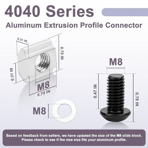 M8 nut and bolt dimensions for 4040 Aluminum Extrusion Corner Connector Kit with 20 Black 3540 Brackets and 40 M8 T Slot Nuts