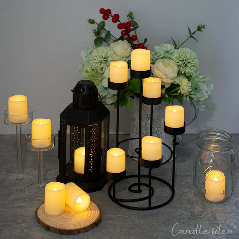 Flameless LED Votive Candles 72 Pack Battery Operated Tea Lights Realistic Flicker in various holders for decor.