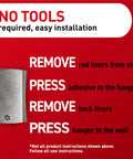 No tools installation steps for Slap On Universal Picture Frame Hangers. Easy adhesion process on red background.