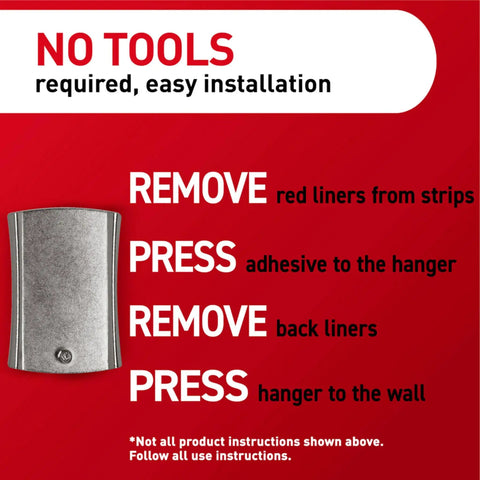 No tools installation steps for Slap On Universal Picture Frame Hangers. Easy adhesion process on red background.