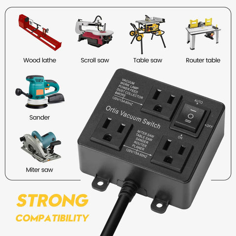 Automatic Vacuum Switch With Dual Power Outlets And Smart Delay Timer Kicks In Smooth To Dodge Breaker Tripping Keeps Shop Air Clean And Lets You Breathe Easy So Your Project Runs Without Hiccups Black Casing with multiple tool compatibility.