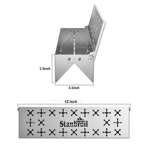 Stainless Steel Smoker Box For Gas Grilling With Double V-Shape Design And Hinged Lid, dimensions shown in inches