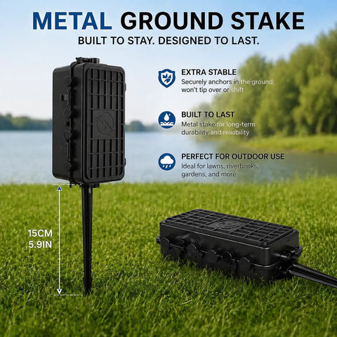 Built Different Heavy Duty IP65 Waterproof Outlet Box With Six Entry Ports For Power Strips And Extension Cables Tough As Nails Cover, shown on grass.