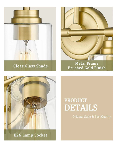 Product details showing clear glass shade, brushed gold finish frame, and E26 lamp socket features of the Brushed Nickel 3-Light Vanity Light.