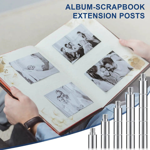 Rock Solid 40 Piece Scrapbook Extension Posts And Screws To Keep Post Bound Album Pages Locked Tight And Looking Fresh Durable Binding Hardware For Photographers And Makers showcased in a scrapbook with black and white photos.