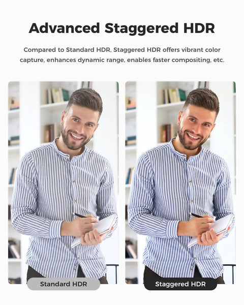 Advanced Staggered HDR comparison image showing a man in a striped shirt holding a notepad, demonstrating color capture quality.