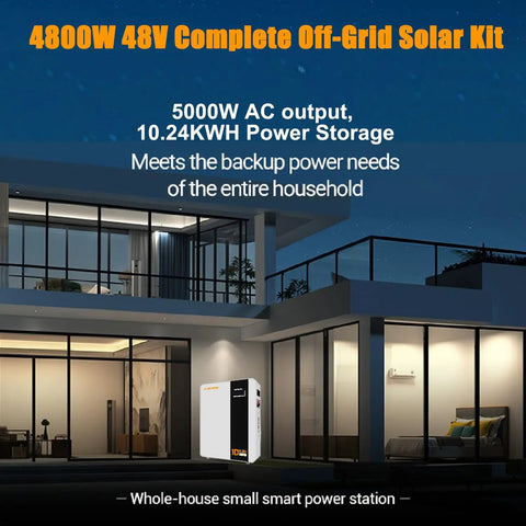 Kick The Grid Habit With This Complete Off Grid Solar Kit Featuring A Robust 12Kw Split Phase Inverter 2400 Watt Solar Panels And An Integrated 51.2V 200Ah LifePo4 Battery For Seamless Home Backup Power And Smart Wifi Monitoring. Image of 4800W 48V off-grid solar kit at a modern house, showing the power station.