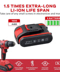 Image of a 16.8V Cordless Drill Kit With 247 In Lb Torque, red drill and 1500mAh battery with protective features displayed.