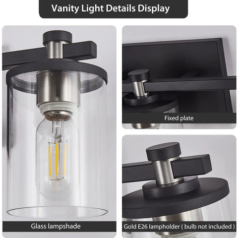 Close-up of Three Light Matte Black And Brushed Nickel Bathroom Vanity Light Fixture showing glass lampshade and E26 base.
