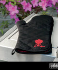Barbecue Grill Mitt Black Cotton with Red Kettle Embroidery Foldable Cuff One Size Fits Most Padded Heat Shield on grill surface