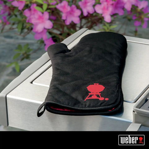 Barbecue Grill Mitt Black Cotton with Red Kettle Embroidery Foldable Cuff One Size Fits Most Padded Heat Shield on grill surface