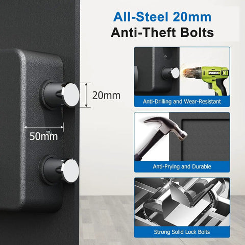 Close-up of all-steel 20mm anti-theft bolts on a 2.3 Cu Ft Fireproof Home Safe With Digital Keypad Electronic Lock Removable Shelf And Adjustable Rails Ideal For Storing Money Cash Documents Jewelry And Valuables In Office Or Home Security
