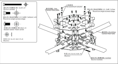 Assembly diagram of Dope Carbon Fiber FPV Drone Frame Kit For DIY Quadcopters, showcasing 4-Axis Folding Design and CNC machined parts.