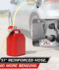No Sweat Portable Fuel Transfer Pump With Smart Auto Stop Shutoff 3.8 Gallons Per Minute showing 51 inch hose filling car, no spills.