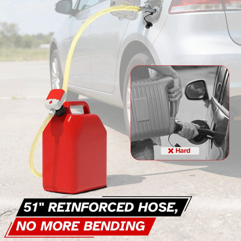 No Sweat Portable Fuel Transfer Pump With Smart Auto Stop Shutoff 3.8 Gallons Per Minute showing 51 inch hose filling car, no spills.