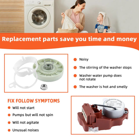 No Sweat Washer Shift Actuator Plus Pulley Clutch Kit And Drive Belt for household clothes washer, includes actuator and pulley parts.