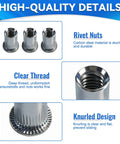 Close-up of rivet nuts showing clear thread and knurled design for 11 Inch Hand Rivet Nut Gun Kit With 5 Mandrels M3 M4 M5 M6 M8 And 80 Rivet Nuts Pro Grade Heavy Duty Easy Nutsert Tool For Quick Fastening DIY Auto Marine And Metalwork Set For Repairs Installations And Projects