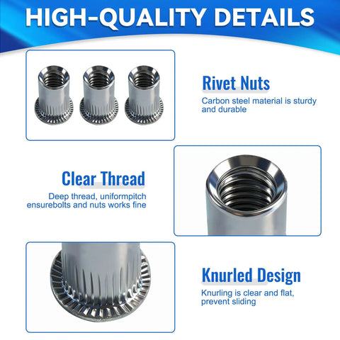 Close-up of rivet nuts showing clear thread and knurled design for 11 Inch Hand Rivet Nut Gun Kit With 5 Mandrels M3 M4 M5 M6 M8 And 80 Rivet Nuts Pro Grade Heavy Duty Easy Nutsert Tool For Quick Fastening DIY Auto Marine And Metalwork Set For Repairs Installations And Projects