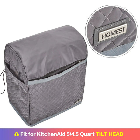 Quilted Dust Cover With Handy Pockets For Stand Mixer 4.5 To 5 Qt Tilt Head Grey, showing label detail and quilted fabric design.