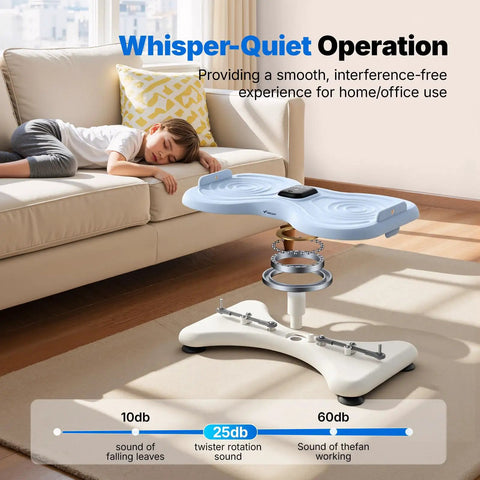 Get Shredded Core Workouts On Noiseless Waist Twister Machine Featuring Digital Counter, showcasing quiet operation with a child nearby.
