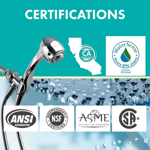 Earth Spa 3-Spray Handheld Shower Head 1.5 GPM Chrome Wall Mount With 2.7-Inch Face next to various certifications