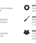 Features of Smooth Operator Smart Deadbolt With Touchscreen Keypad And August Wi Fi Compatibility, showcasing installation, weatherproofing, and keypad.