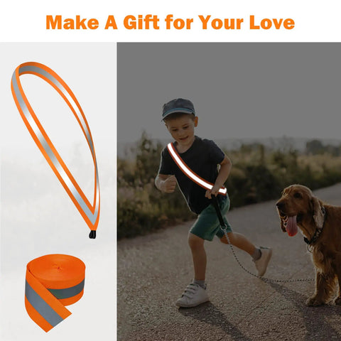 Boy walking dog with See And Be Seen High Visibility Reflective Tape Strip 2 Inch By 66 Foot Sew On Orange for safety.