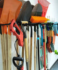 Heavy Duty Steel Garage Wall Mount Tool Organizer With 8 Mixed Hooks Up To 800 Lbs storing shovels, brooms, and power tools