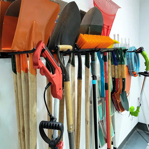 Heavy Duty Steel Garage Wall Mount Tool Organizer With 8 Mixed Hooks Up To 800 Lbs storing shovels, brooms, and power tools