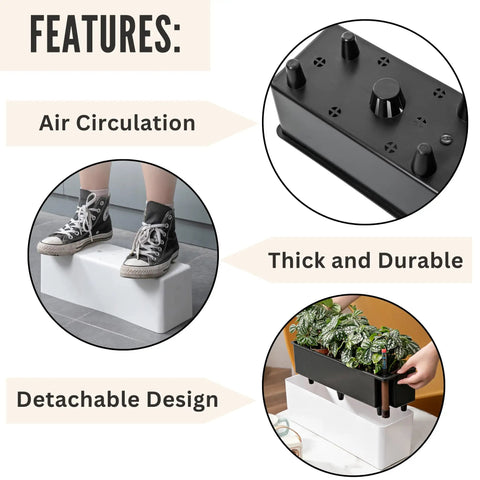 Total Patio Flex 16 Inch White Railing Planter Boxes 2 Pack Over Balcony Self Watering With Metal Brackets Plastic Window Boxes For Outdoor Herbs Deck Fence Garden Zero Stress Setup with features highlighted.