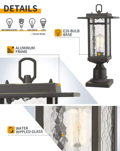 Dusk To Dawn Outdoor Post Light Set, 21-Inch Pier Mount Lantern, Oil Rubbed Bronze, showing aluminum frame and water rippled glass.