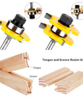 Tongue and Groove Router Bit Set of Two with One Quarter Inch Shank showing three teeth and wood joinery examples.