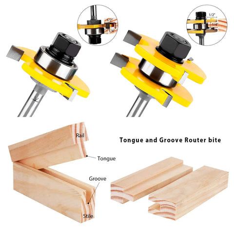 Tongue and Groove Router Bit Set of Two with One Quarter Inch Shank showing three teeth and wood joinery examples.